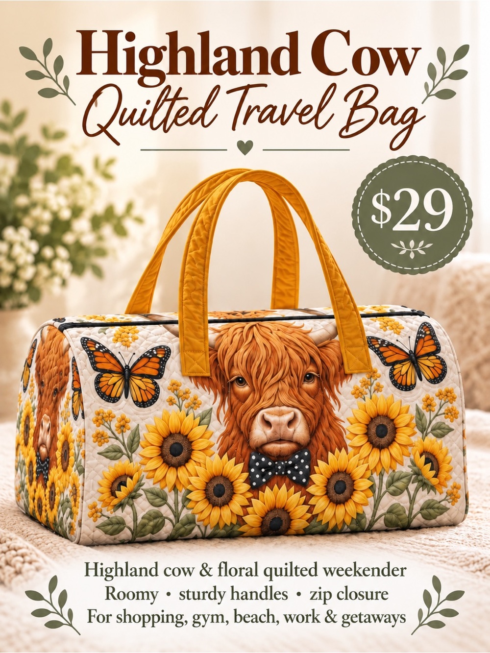 Sunflower Cow Weekender Bag – Yellow Floral Carryall
